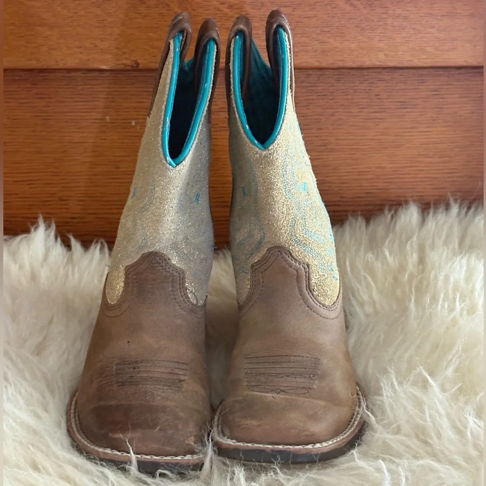 Ariat Kids QuickDraw Gold Sparkle with Teal Stitching Western Boots